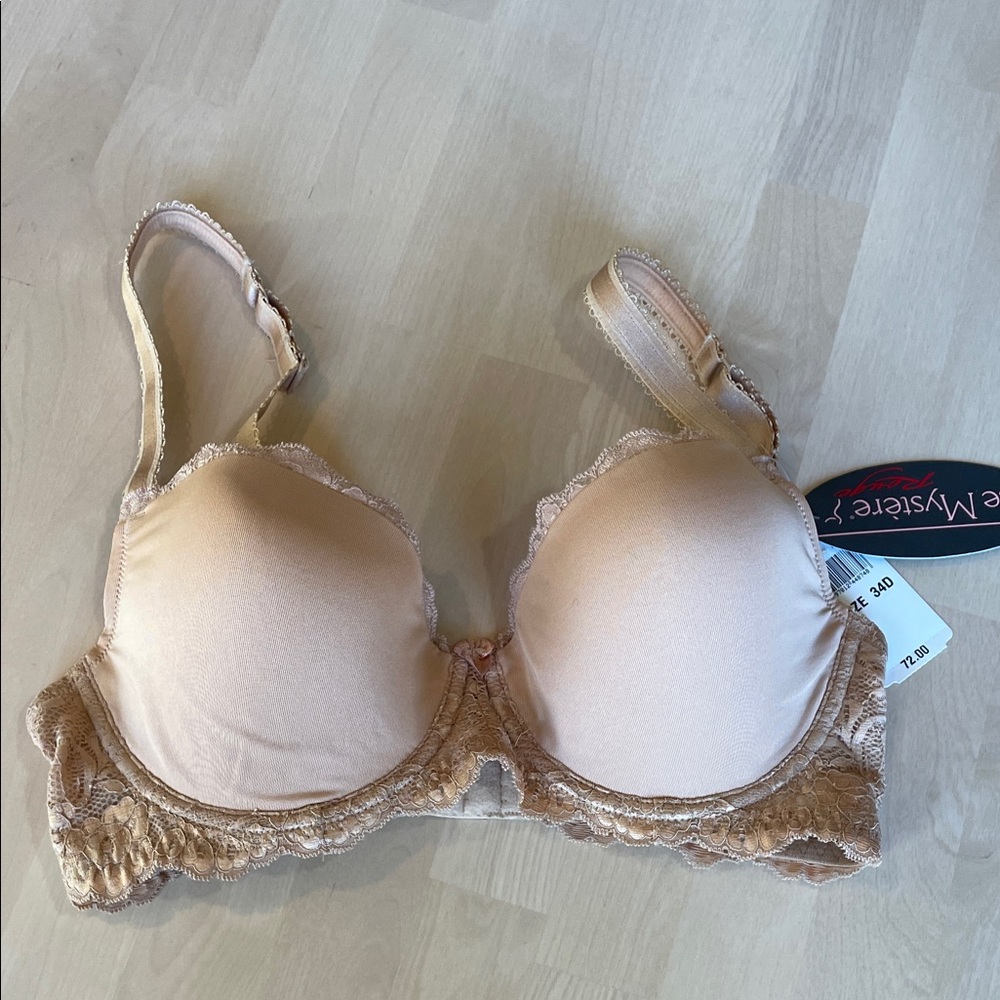 NWT Le Mystere Rouge Lace Trim T-shirt Bra in Tan Nude, sz 34D